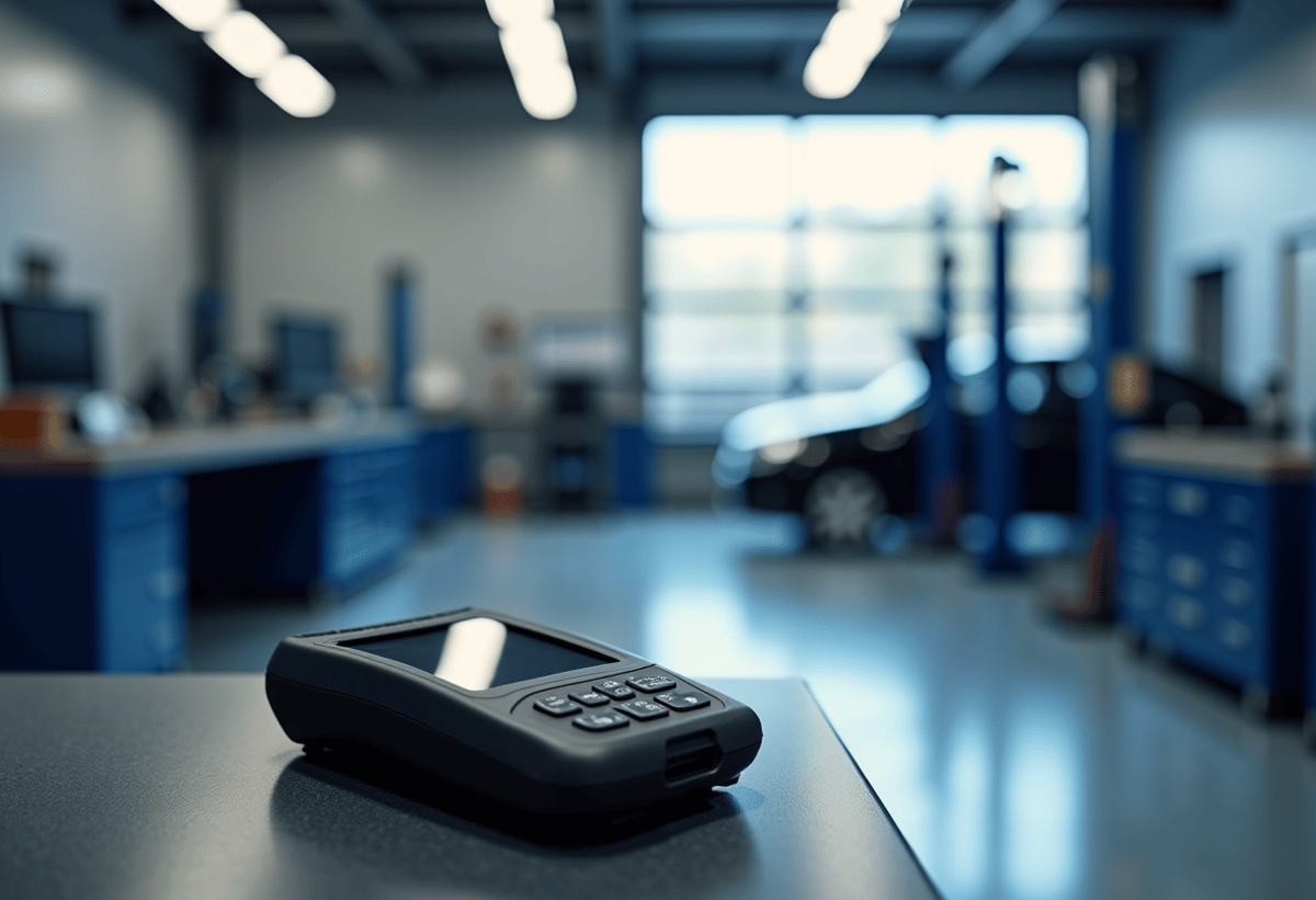 Modern auto repair shop interior with advanced diagnostic equipment for vehicle inspection.