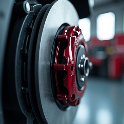 Close-up of high-performance brake pads and rotors being installed on a European vehicle.