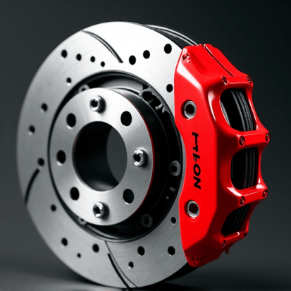 New brake pads and rotors being installed on a European luxury vehicle.