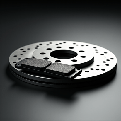 Close-up of a mechanic inspecting high-performance brake pads and rotors for wear and tear.