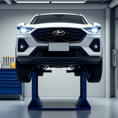 Technician performing a detailed inspection and oil change on a vehicle lift.