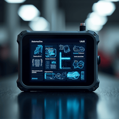 Close-up of advanced diagnostic equipment reading data from a vehicle