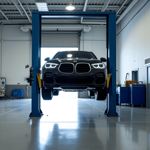 A clean service bay showing a vehicle lifted, ready for quick brake service completion, reflecting 916 Auto Repair