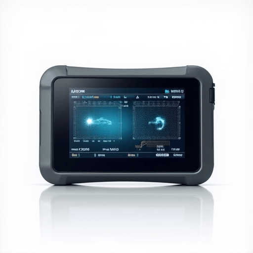 Advanced diagnostic scan tool connected to a modern vehicle engine bay for check engine light diagnosis.