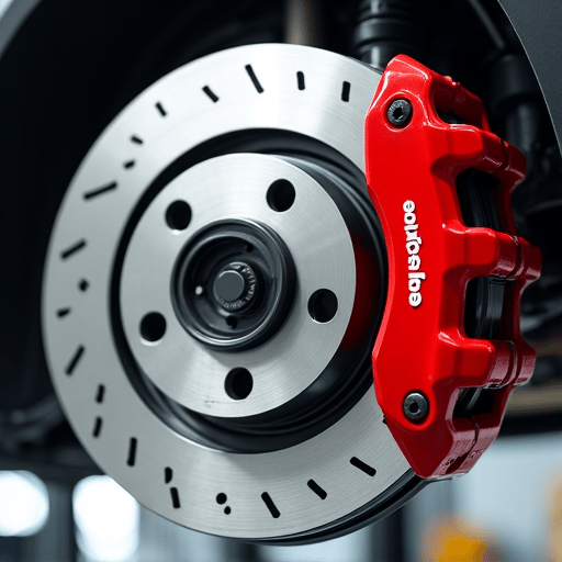 Technician inspecting brake pads and rotors on a vehicle lift for safety.