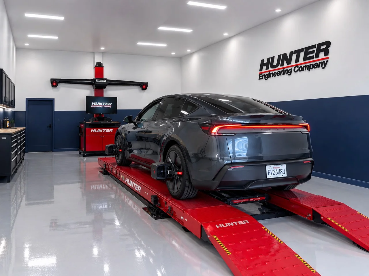 Illustration of Hunter alignment equipment with a passenger vehicle on an alignment rack